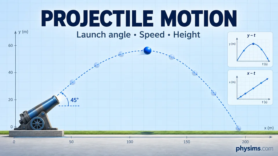 Angled cannon launch with a blue ball following a parabolic trajectory and horizontal and vertical position-time graphs