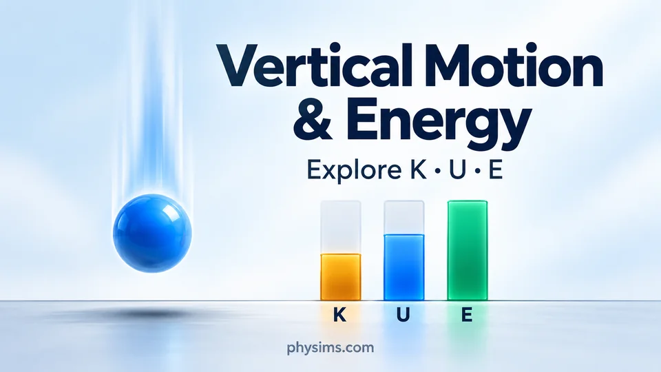Vertical Motion and Energy simulator: a falling blue ball with kinetic K, potential U and mechanical E energy bars