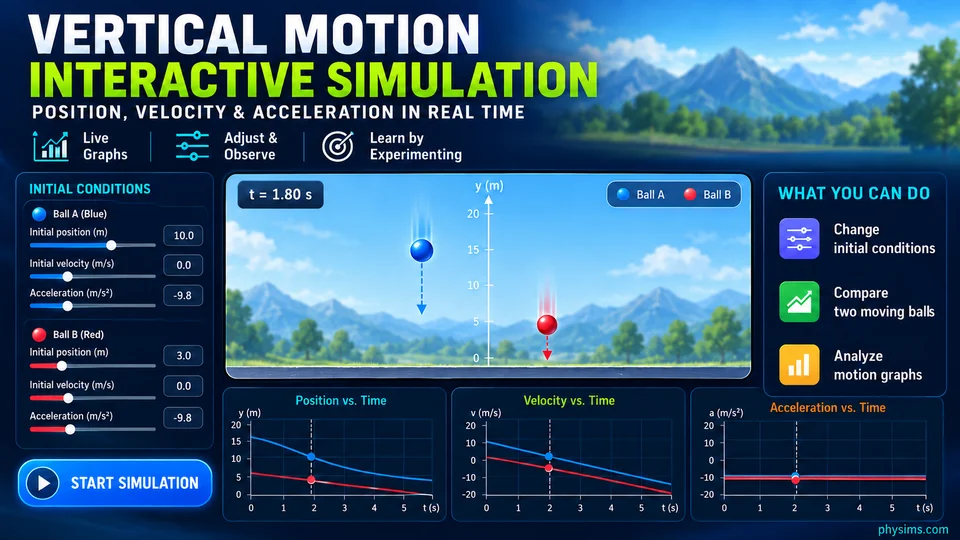 Interactive vertical motion simulator with two balls, adjustable initial conditions, and position, velocity, and acceleration graphs